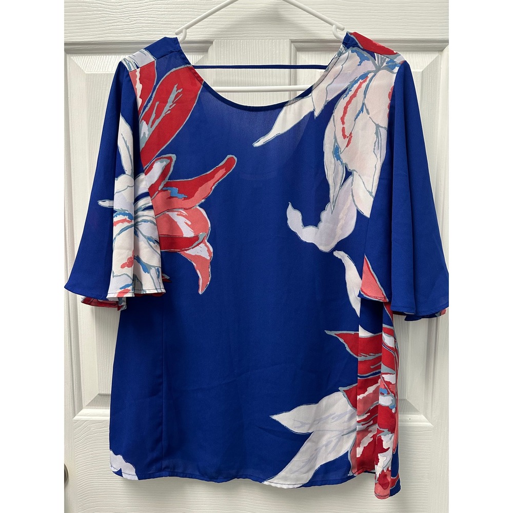 Gibson Latimer Womens Large Blue Floral Flutter Sleeve Blouse Scoop Neck Top